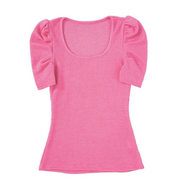 Bright Pink Waffle Knit Ruched Puff Sleeve Top New S, M, L, - Picture 2 of 12